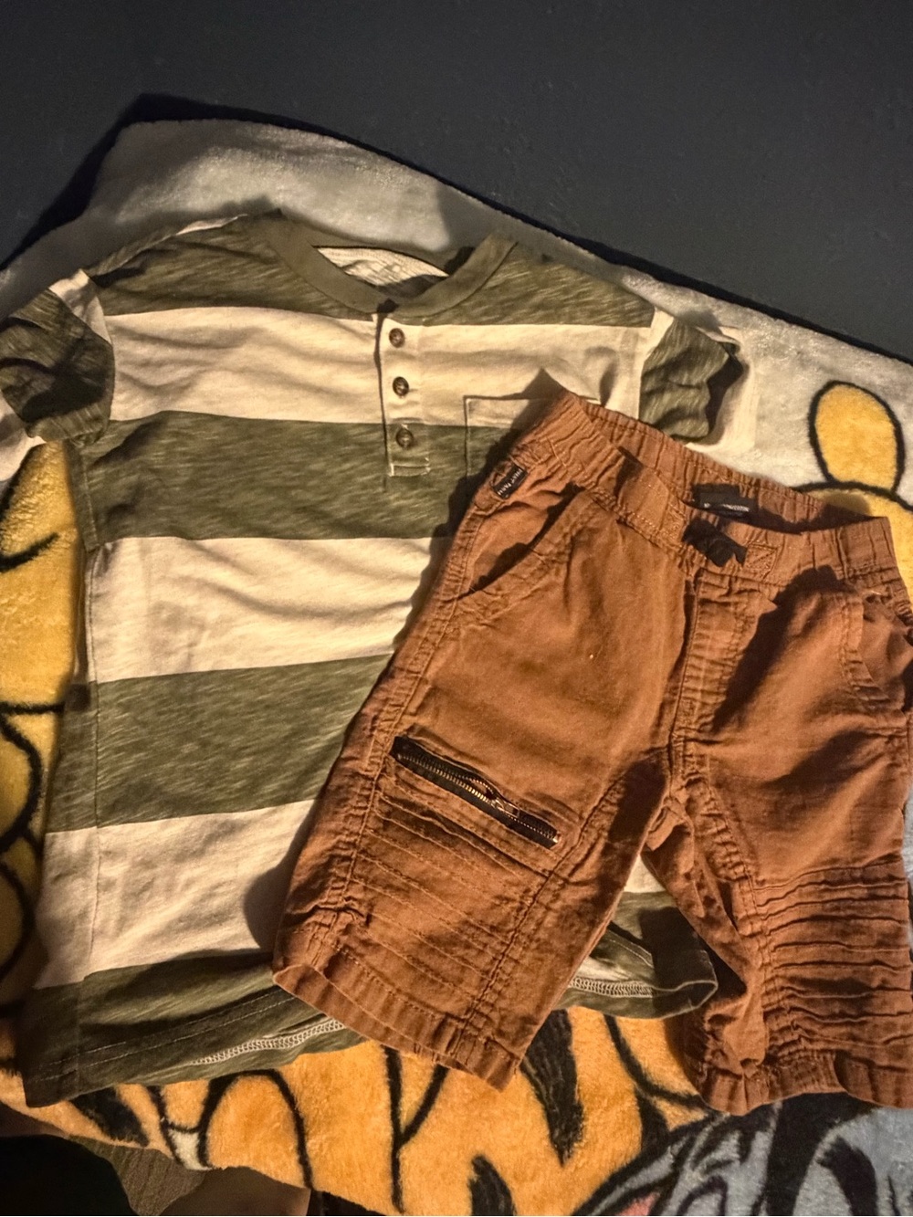 Boys Olive & Cream Striped Henley Top with Brown Cargo Shorts